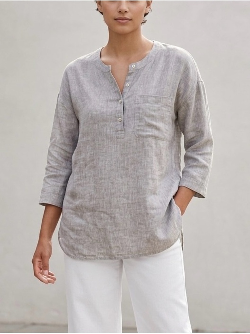 NWOT J.Jill Pure Jill 100% Linen Tunic Gray M Split Neck Popover Relaxed Top